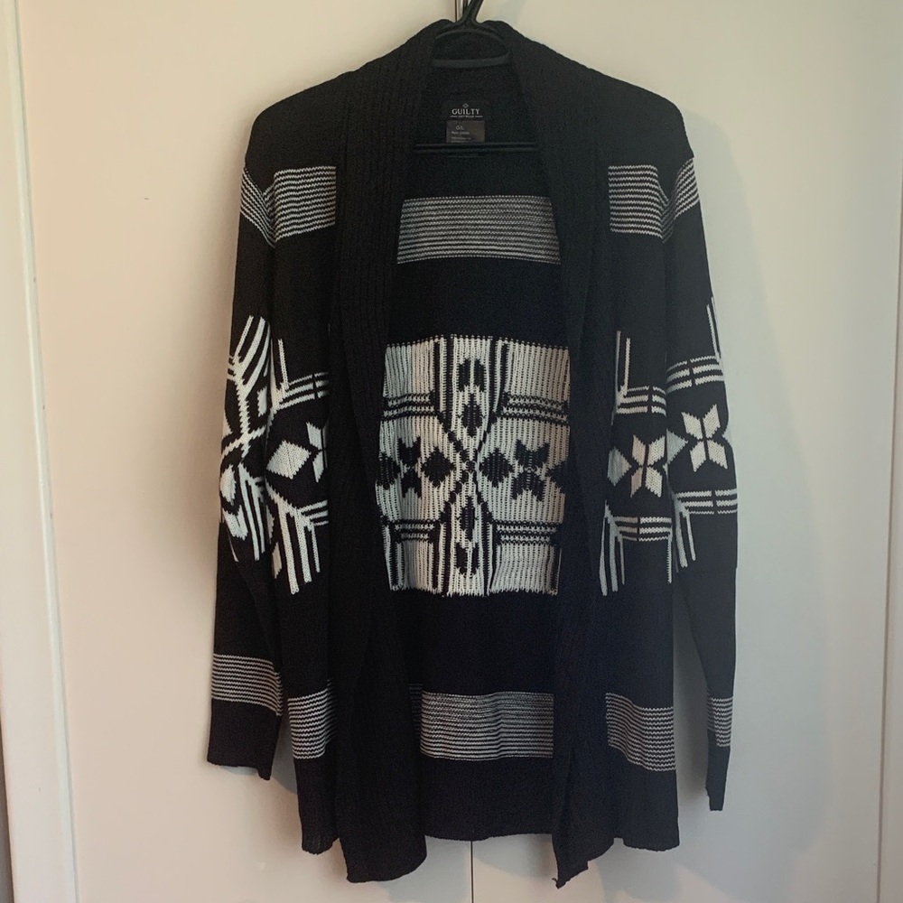 Guilty Black & White Aztec Open Front Mid Length Knitted Cardigan Size Large